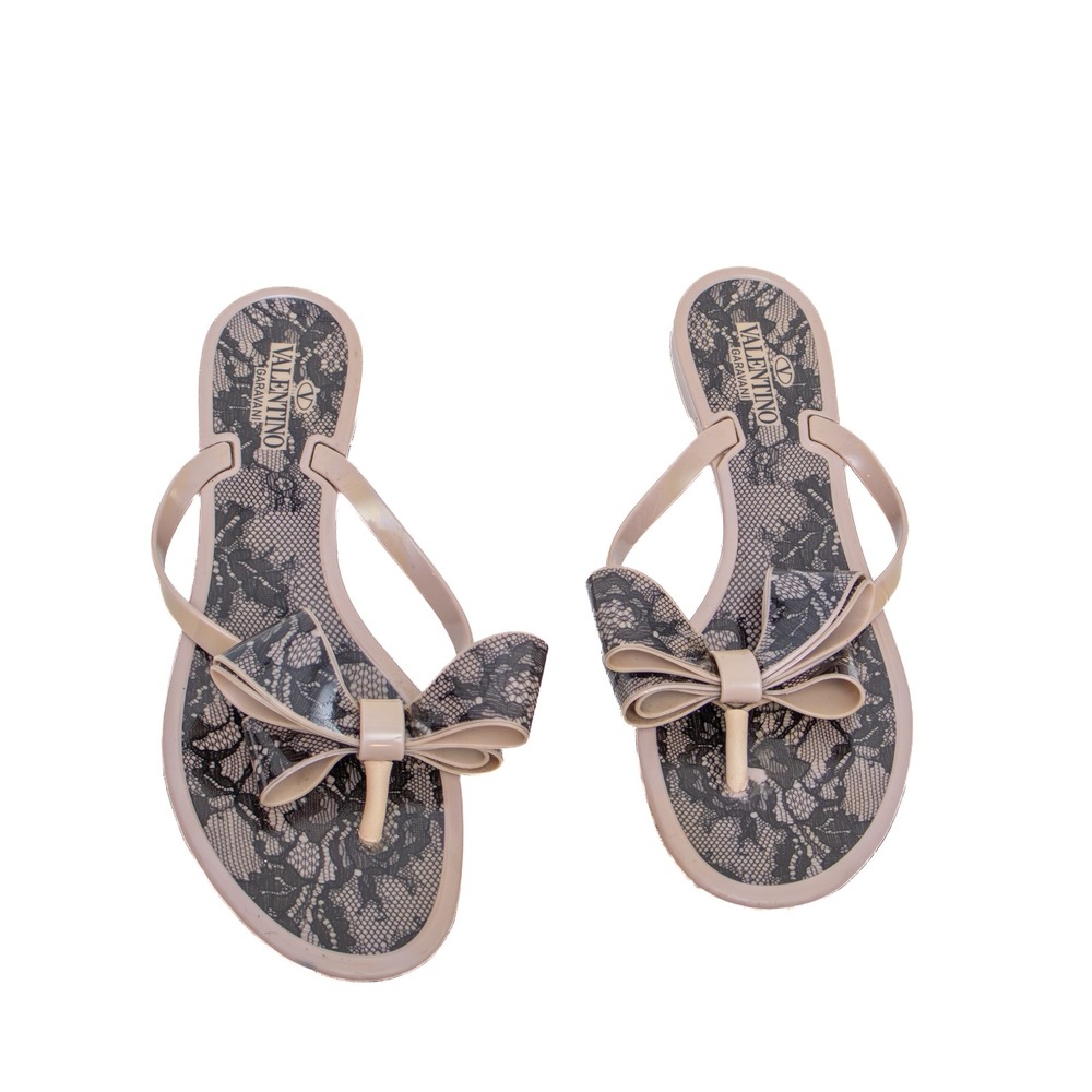 Valentino Garavani Lace Print Bow Jelly Sandals Nude Black EU 38 US 8